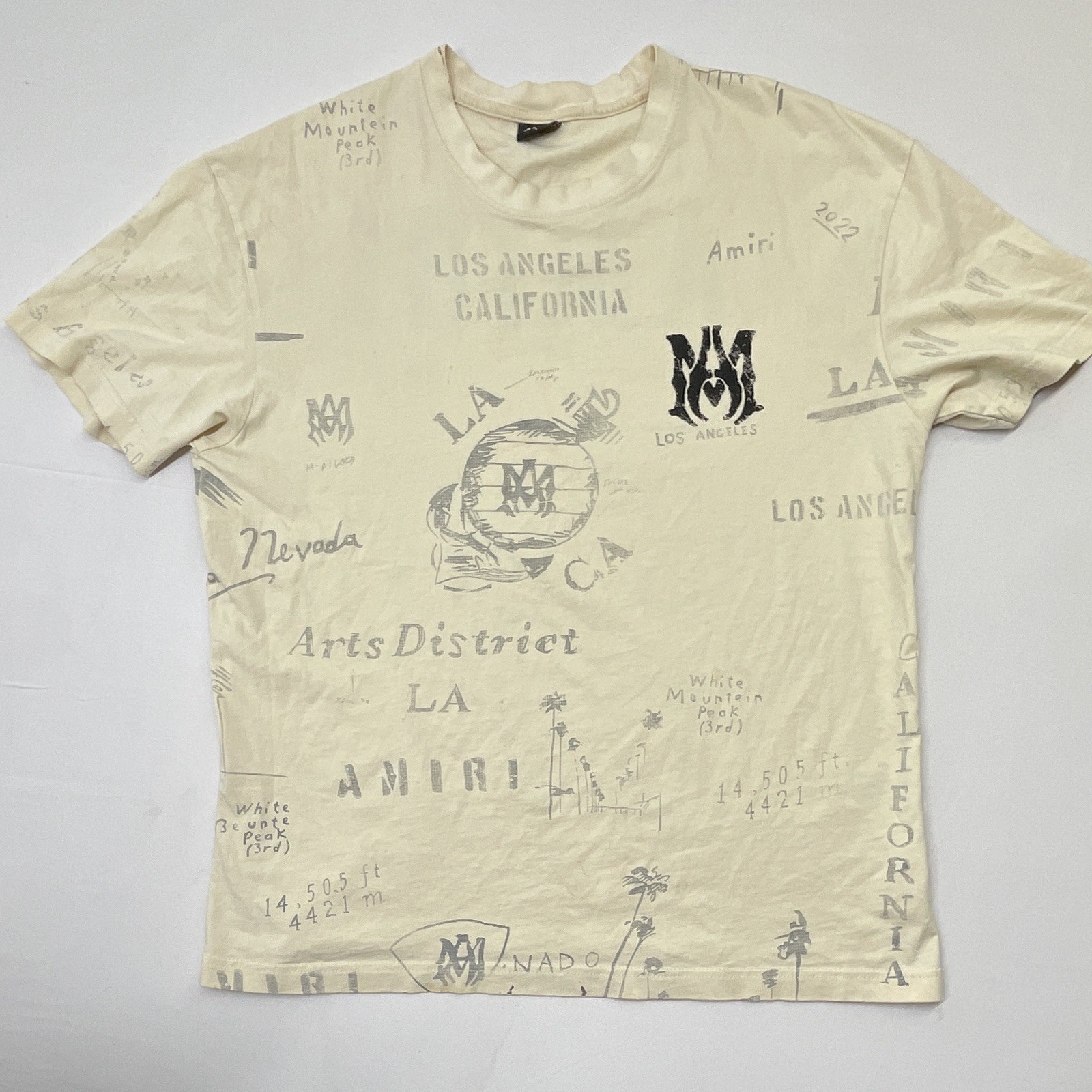 AMIRI Men&rsquo;s L Beige Double-Sided Graphic Logo Cotton Jersey Crewneck Tee