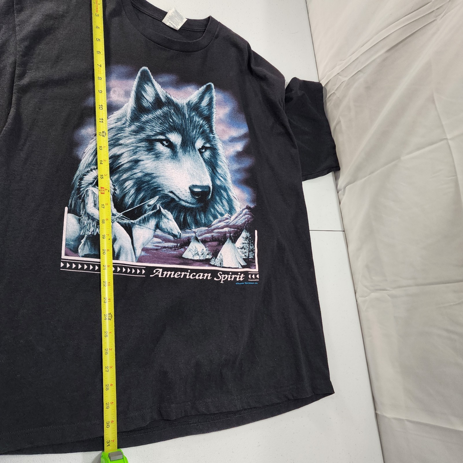 Men Vtg Delta Pro W American Spirit Wolf Black Short Sleeve Graphic Tee Size XL