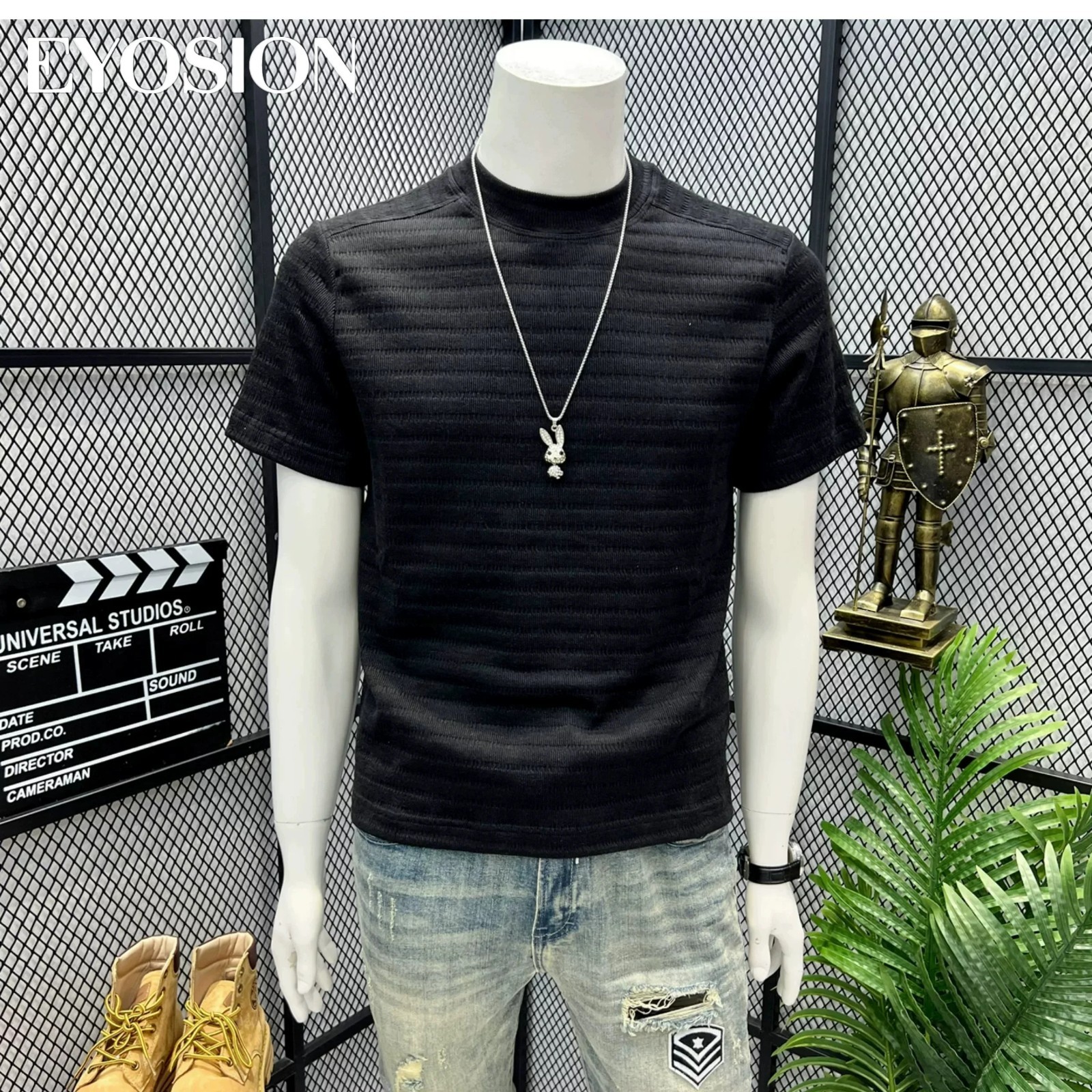 Summer Men Knitted Textured T-Shirt Slim Casual Solid O-Neck Short Sleeve Top