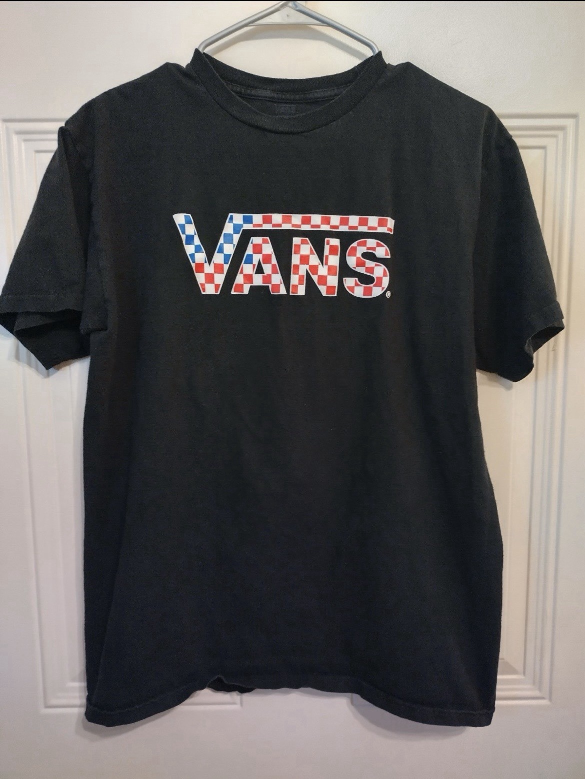 VANS Patriotic Checkered Logo Shirt Medium Skater Skating Red White Blue BG29