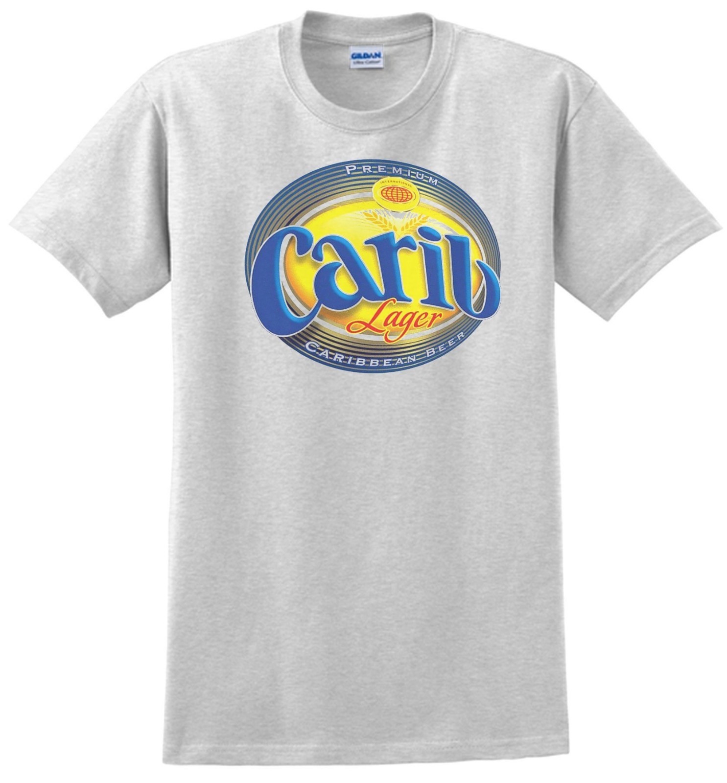 Carib Beer T-shirt. Trinidad W.I. Ash, Khaki, Yellow, White. S – 3-XL all cotton