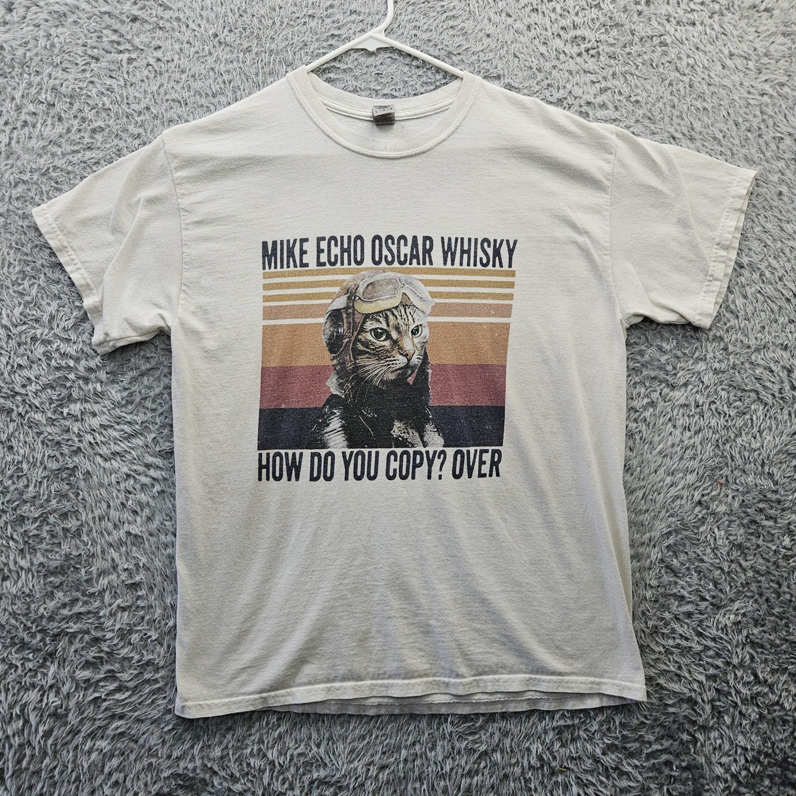 Funny Cat T Shirt Men Large Airplane Pilot Mike Echo Oscar Whisky Beige *Flaw
