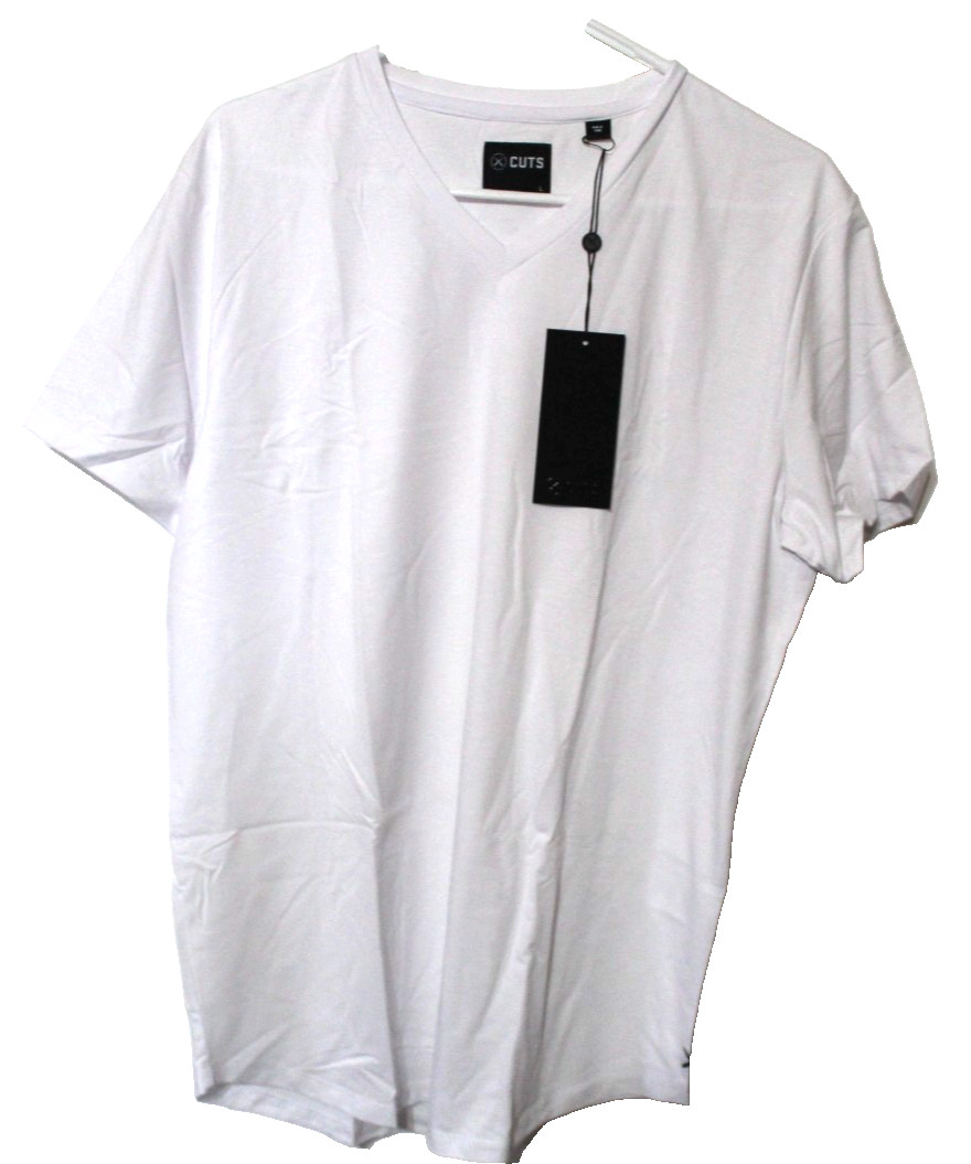 Cuts Clothing AO Curve Hem T-Shirt V-Neck White Large Polyester Cotton Blend