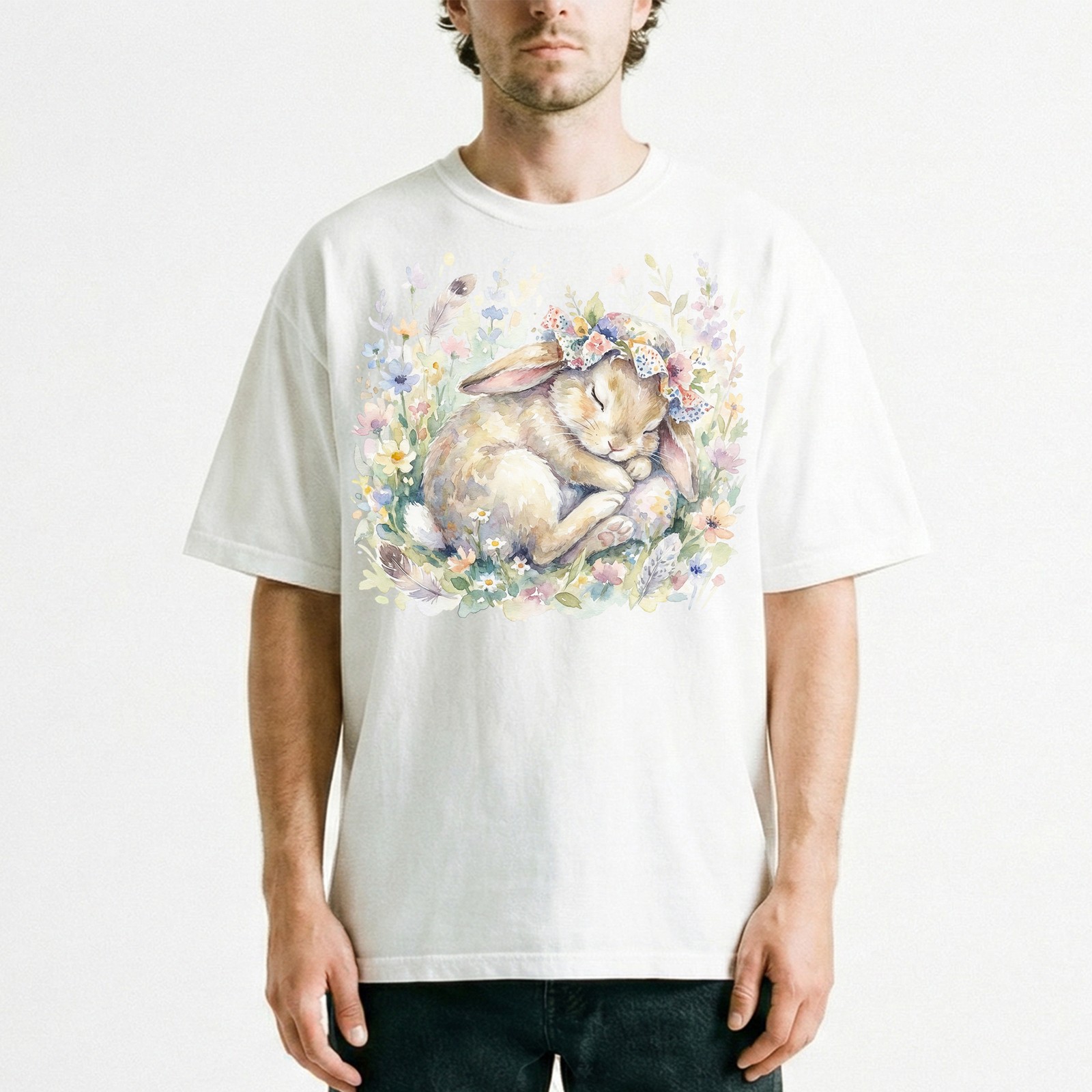 Cute Easter Bunny Floral Watercolor Spring T-Shirt Animal Pastel Holiday Tee