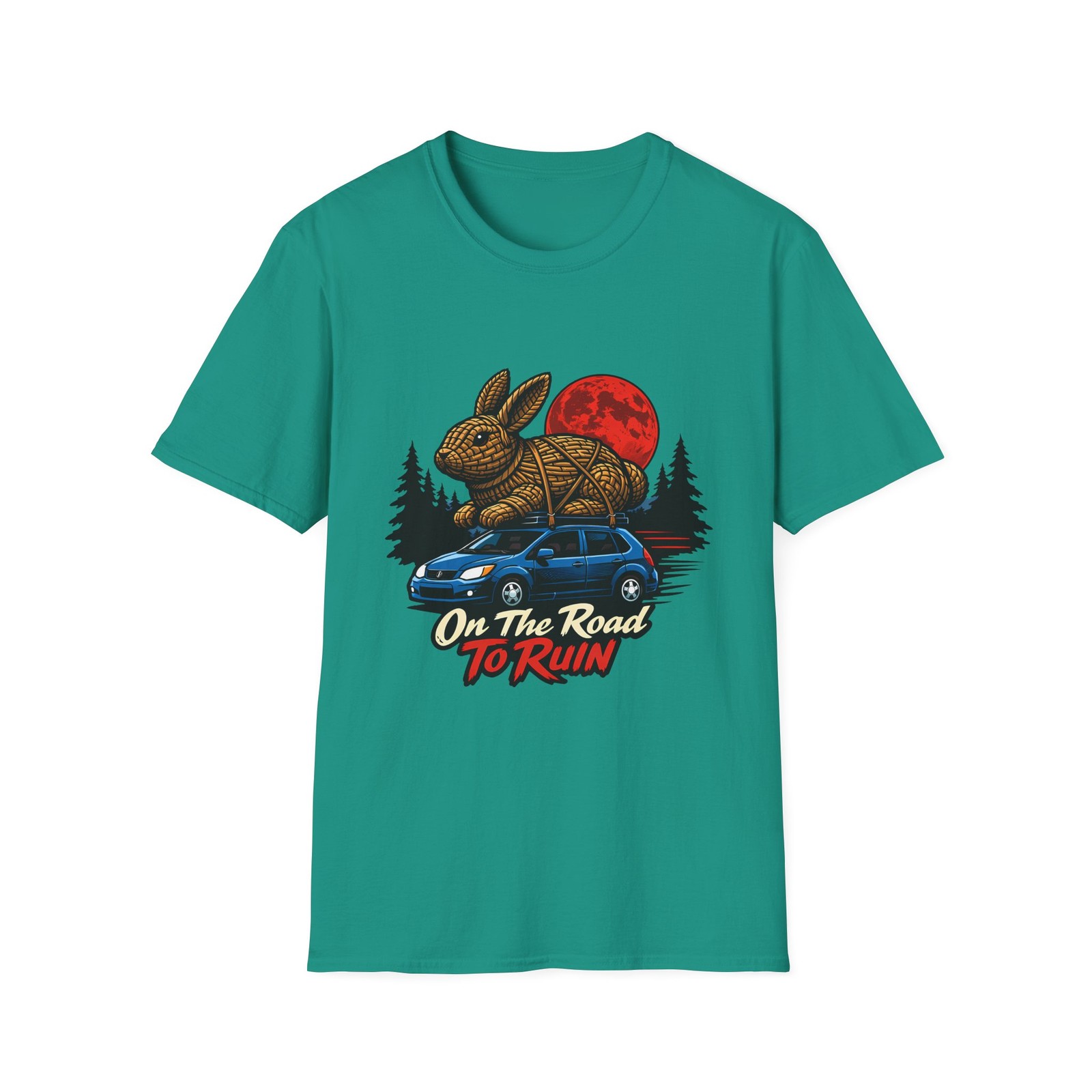 Wicker Rabbit Car Horror Forest Red Moon Surreal Unisex Softstyle T-Shirt