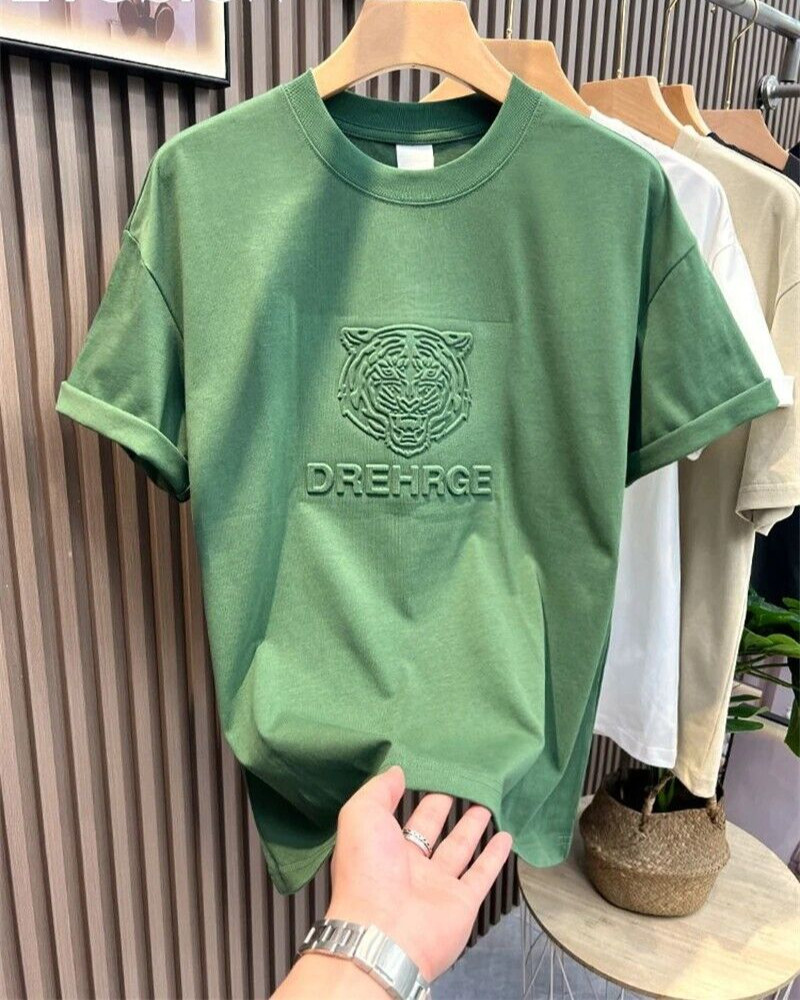 New Men Fashion Trend Tiger Embroidery Summer Short Sleeve Luxury Cotton T-Shirt