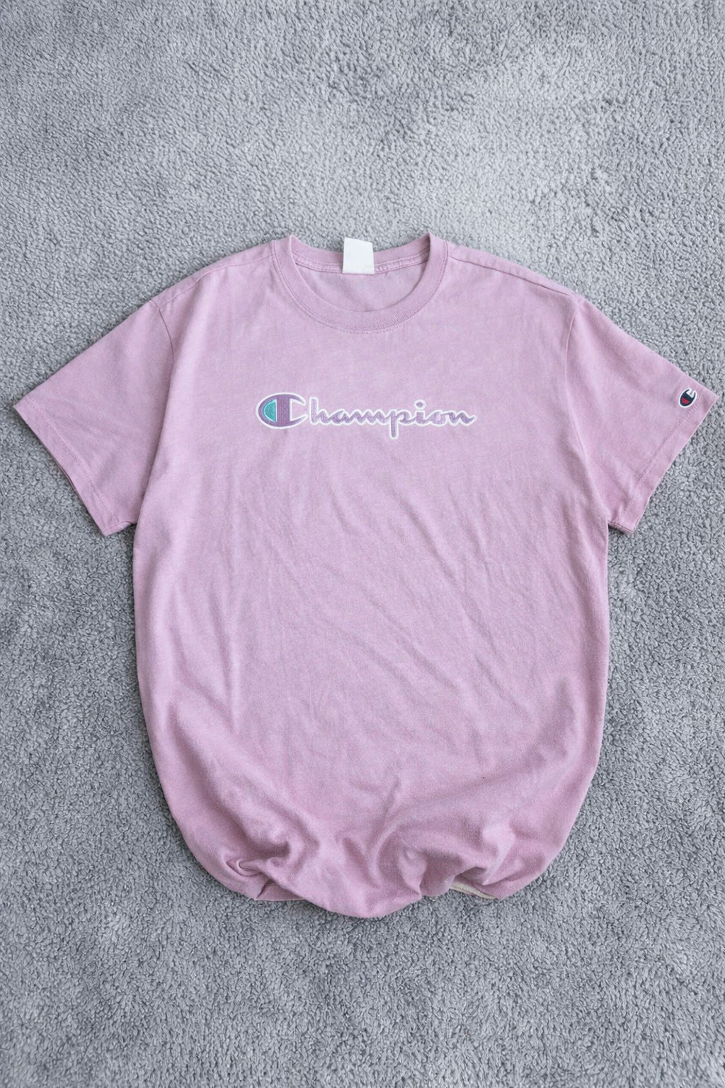 Champion T-shirt L Pink Antique T-shirt Big Logo Spellout Embroidered Shirt