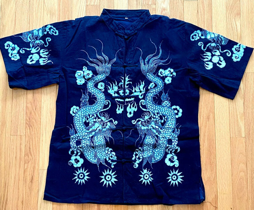 Rare Artistic Chinese Wax Printing Men&rsquo;s Top Double Dragon Cotton Stand Collar 