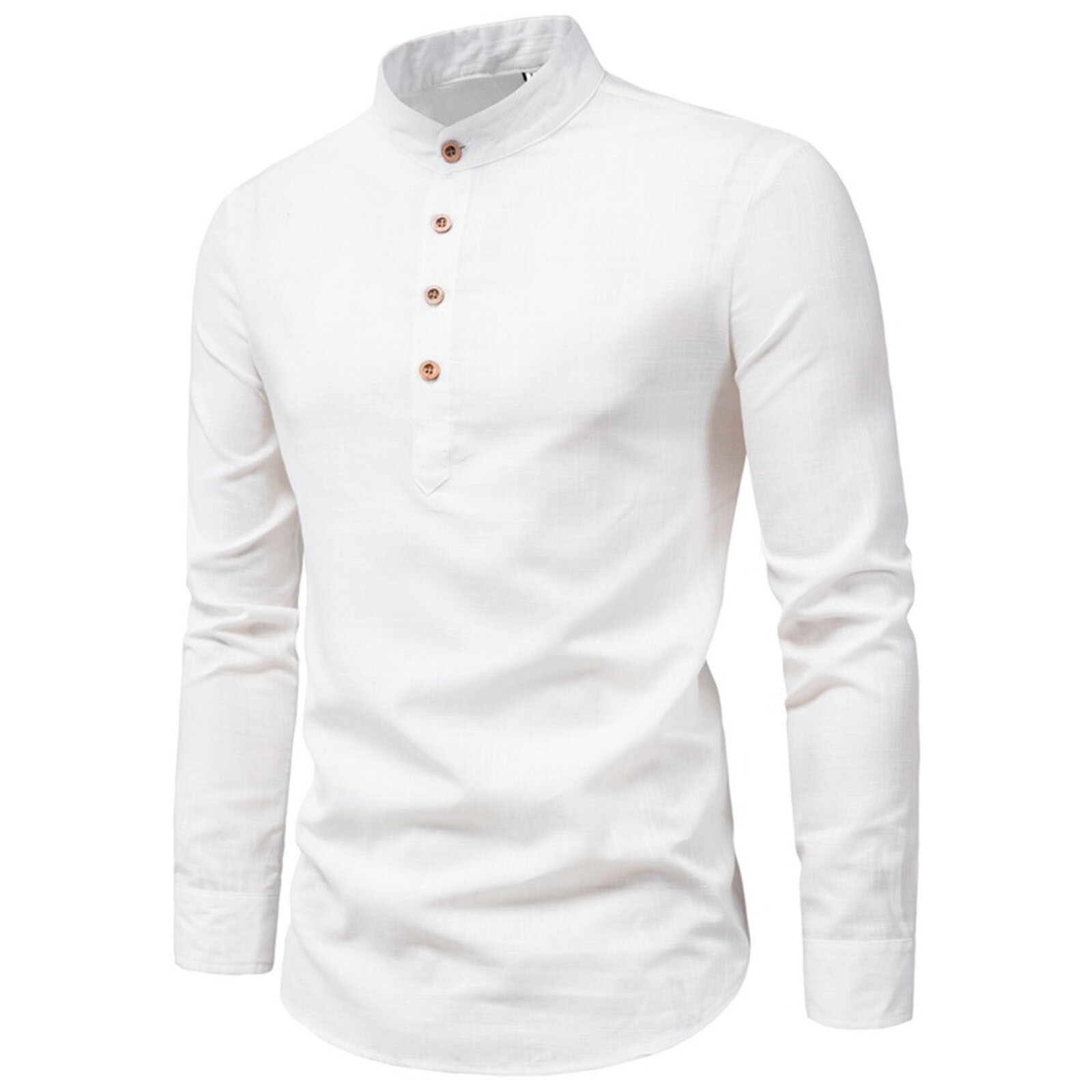 Mens Casual Cotton Shirt Long Sleeve Stand Collar Pullover Button Henley T-shirt