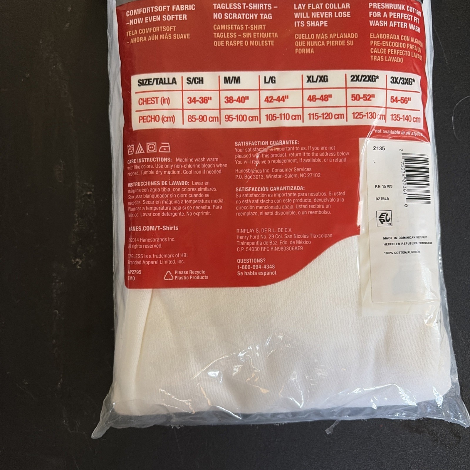 Men&rsquo;s White Cotton Hanes 2135 Tagless T Shirts Large 42-44 New 3 Pk