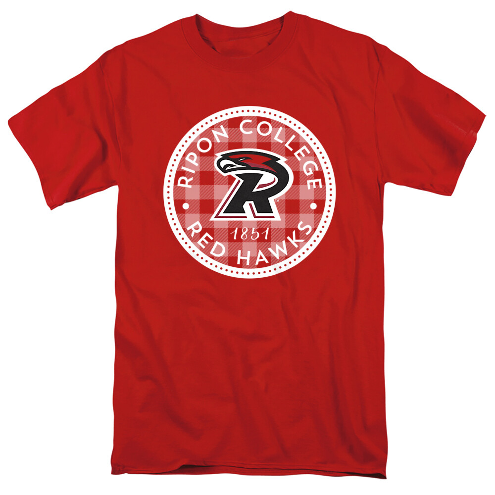 Ripon College Adult T-Shirt Plaid Badge, Red, S-5XL