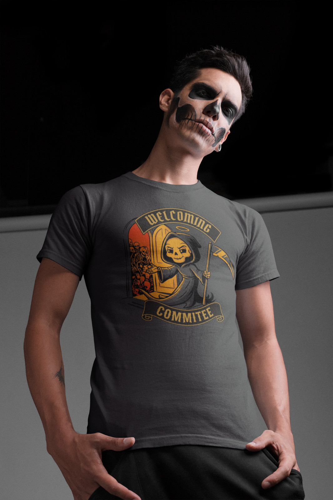 Grim Reaper Welcome Committee Skull Funny Dark Humor Graphic T-Shirt Tee