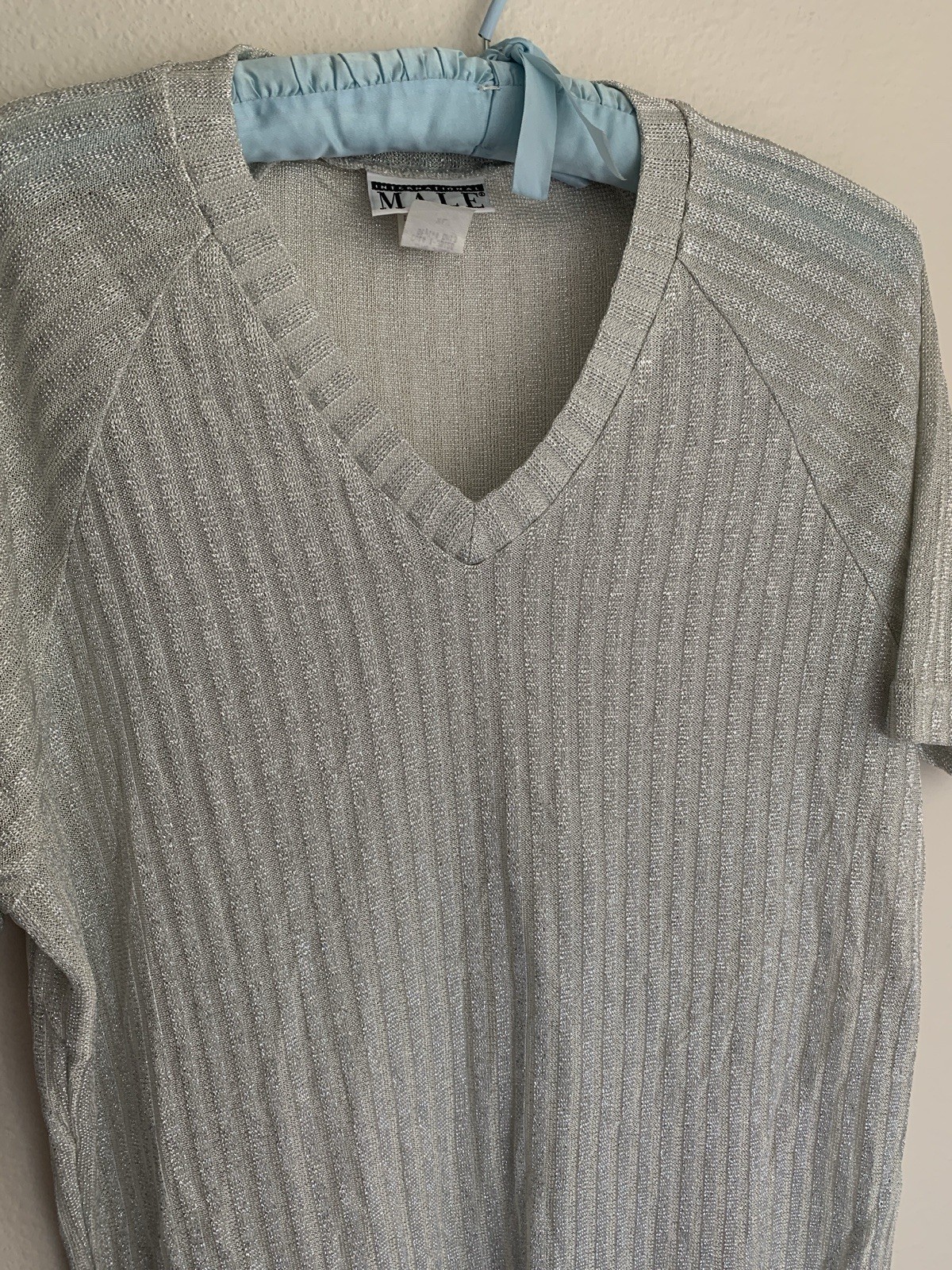 XL Vintage International Male Silver Sparkle V-neck Shirt Club Dance Party Sheer