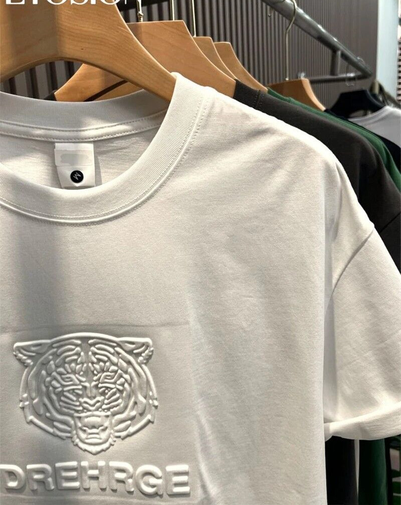 New Men Fashion Trend Tiger Embroidery Summer Short Sleeve Luxury Cotton T-Shirt