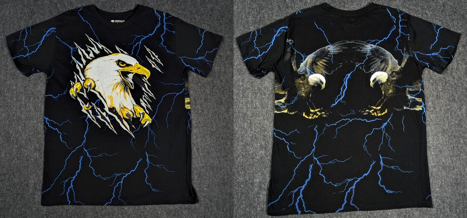 Bald Eagle Lightning Thunder T-Shirt Mens Sz Large Y2K Black Screaming Eagle AOP