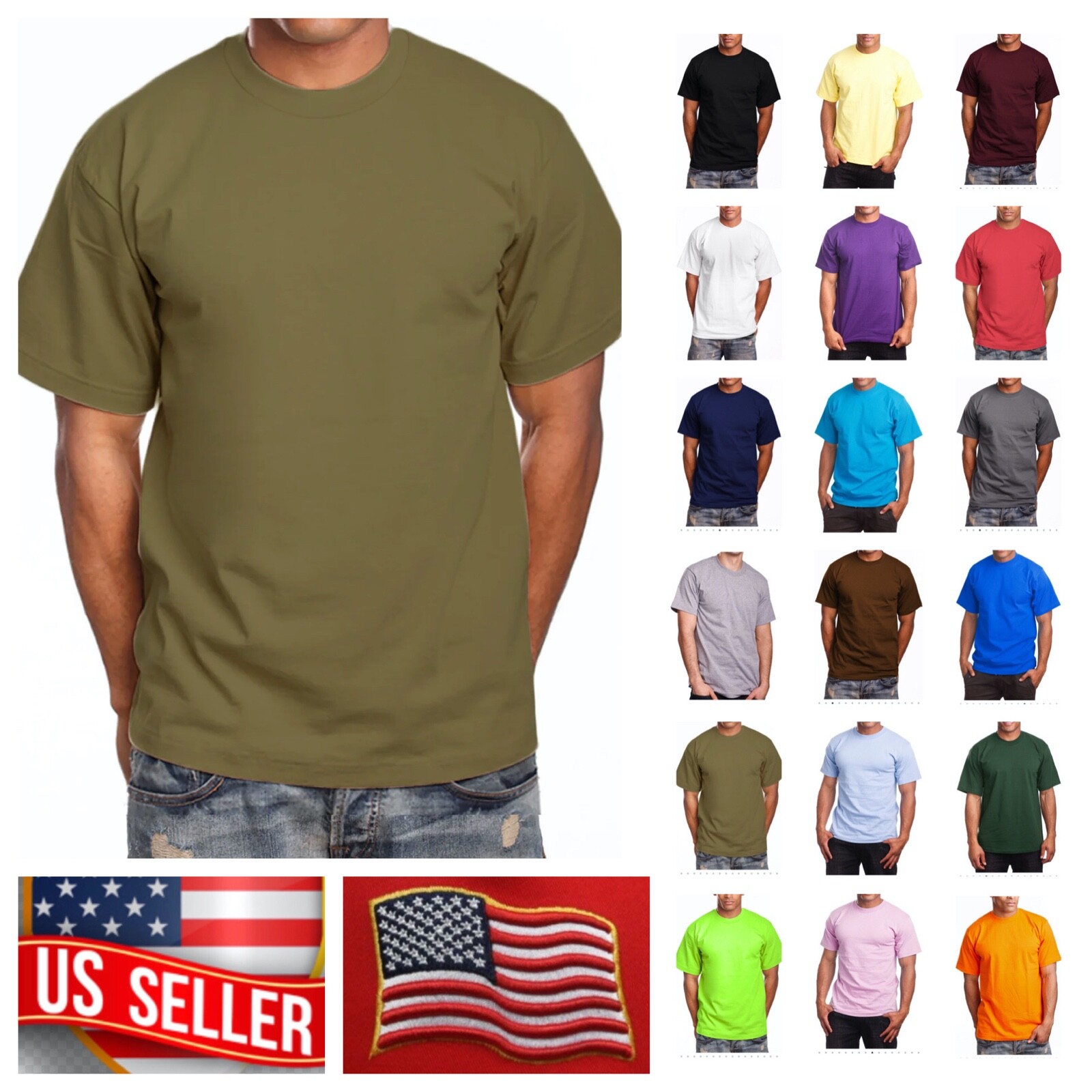 Mens Big and Tall Heavy Weigh Plain T-Shirt Crew Neck Camo Basic Solid Tee S-7X