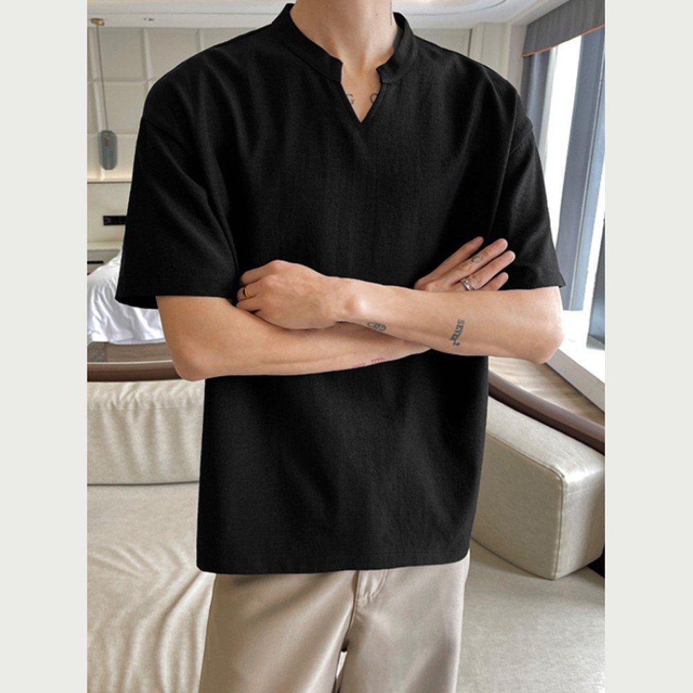 Loose Fit Men&rsquo;s T-Shirt Imitation Linen V Neck Short Sleeve Summer Top