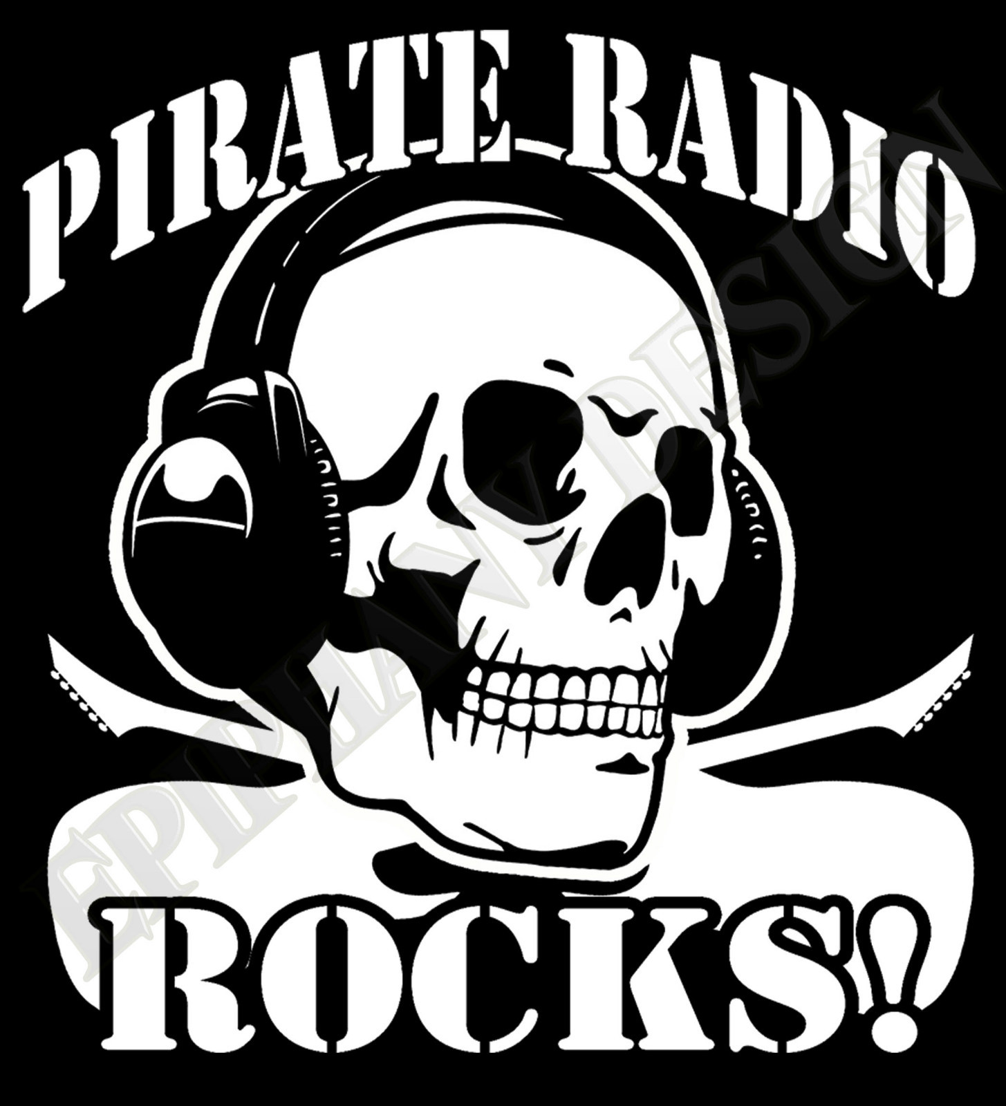 Pirate Radio T-Shirt Rocks Drum Bass DJ 60&rsquo;S Caroline London Skull Headphones