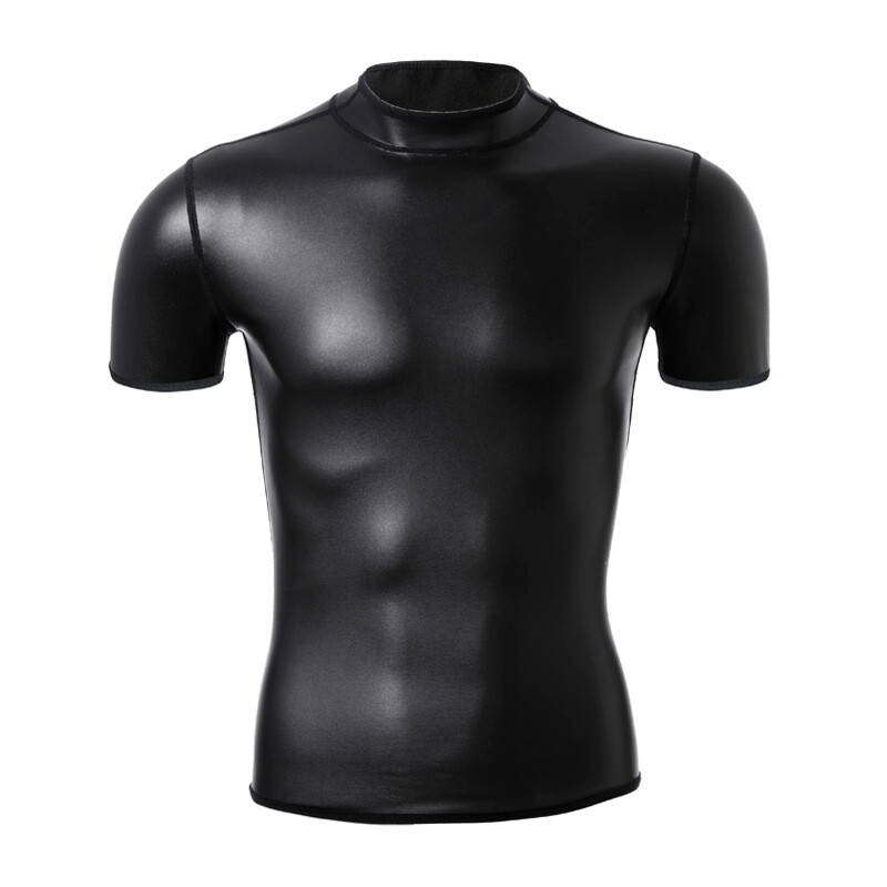 Wet Look Short Sleeve Top Shapewear Blouse for Mens Waist Trainer Corsets