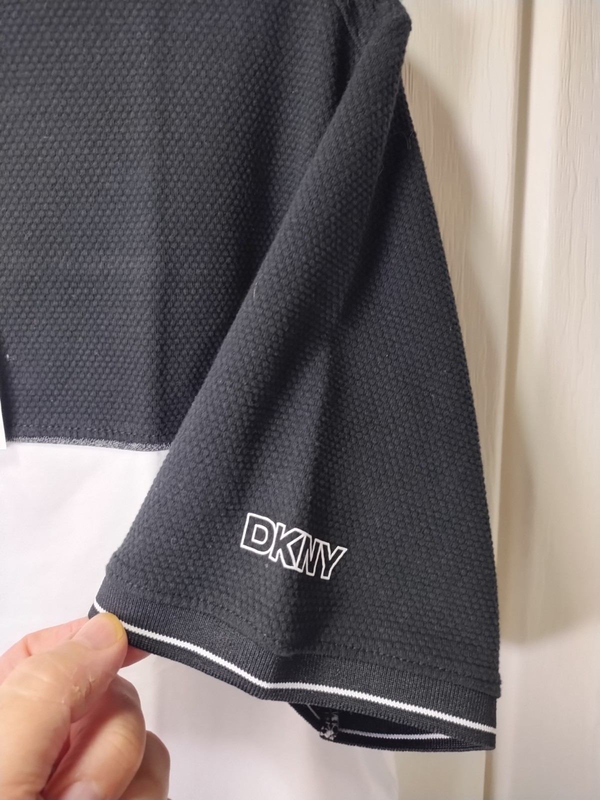 DKNY Jupiter Color Block Shirt Men&rsquo;s L Stretch Short Sleeve Black White NWT