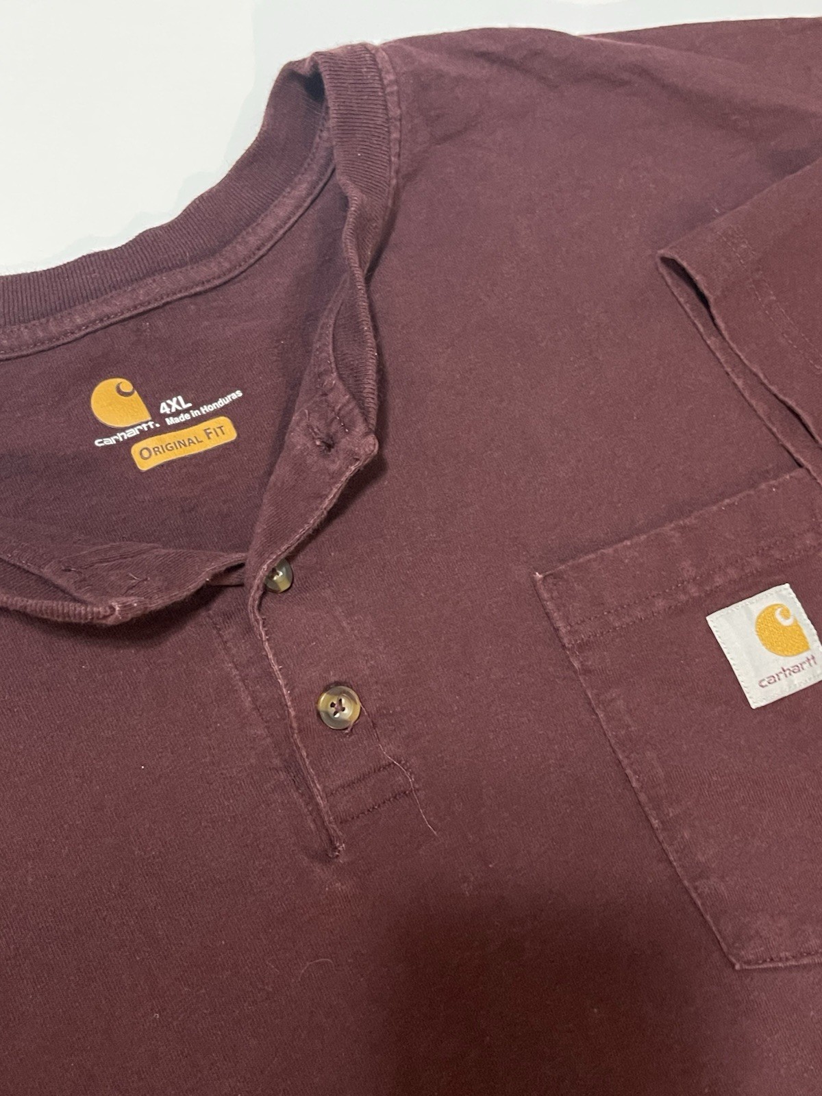 Carhartt Men’s Henley Original Fit Pocket T shirt Size 4XL Maroon Pin hole