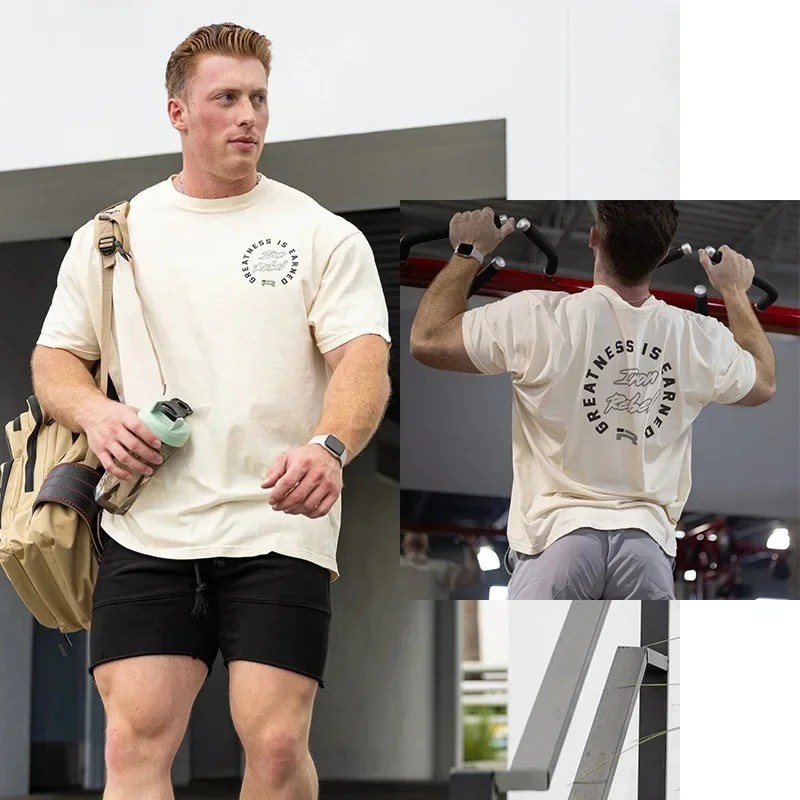 Cotton Men&rsquo;s Printed Oversized Tshirt Crew Neck Short Sleeve Gym Training Tee