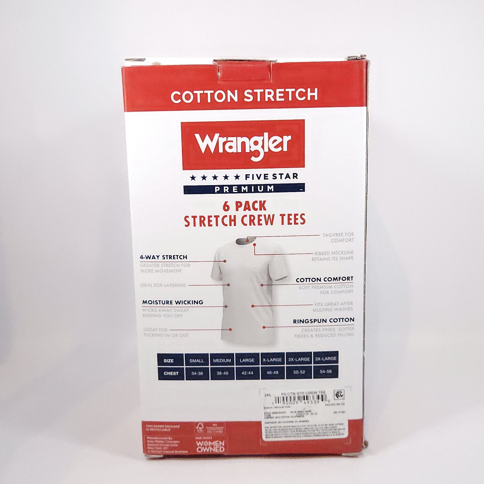 Wrangler Men Crew Neck Undershirts White Cotton Stretch T Shirts 6 Pack Size 2XL