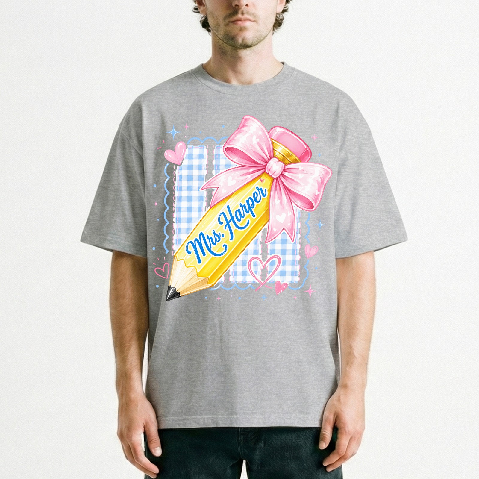 Personalized Pencil Bow Gingham T-Shirt Personalized Teacher Pencil Tee