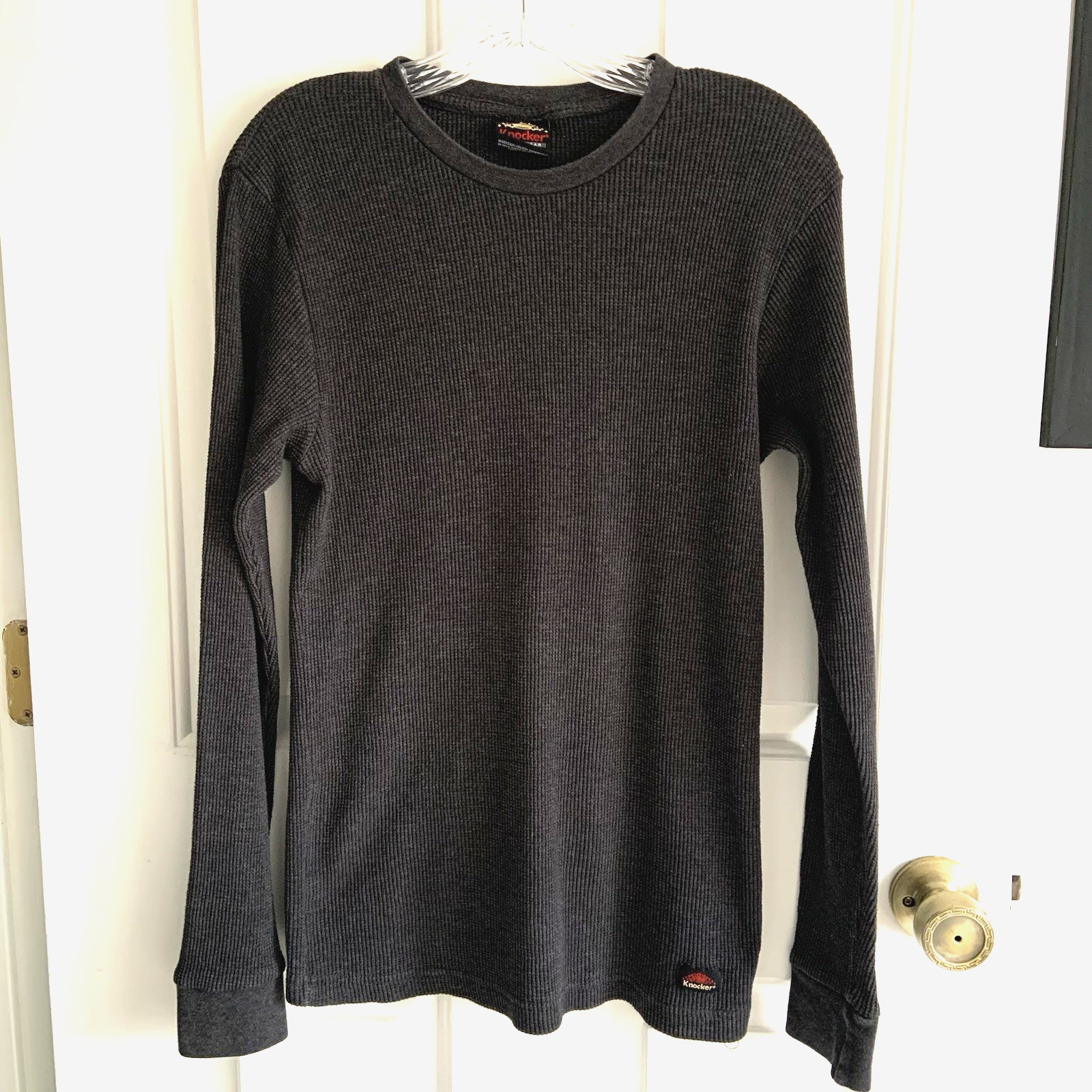 Dark Gray Waffle Knit Thermal Long Sleeve Top Warm Layering Crew Neck sz M