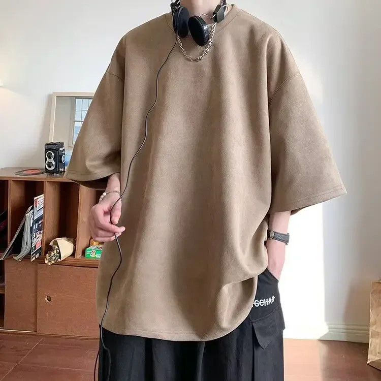 Heavyweight Suede Short Sleeve T-Shirt Men&rsquo;s Oversize Casual Loose Fit Five-Quar