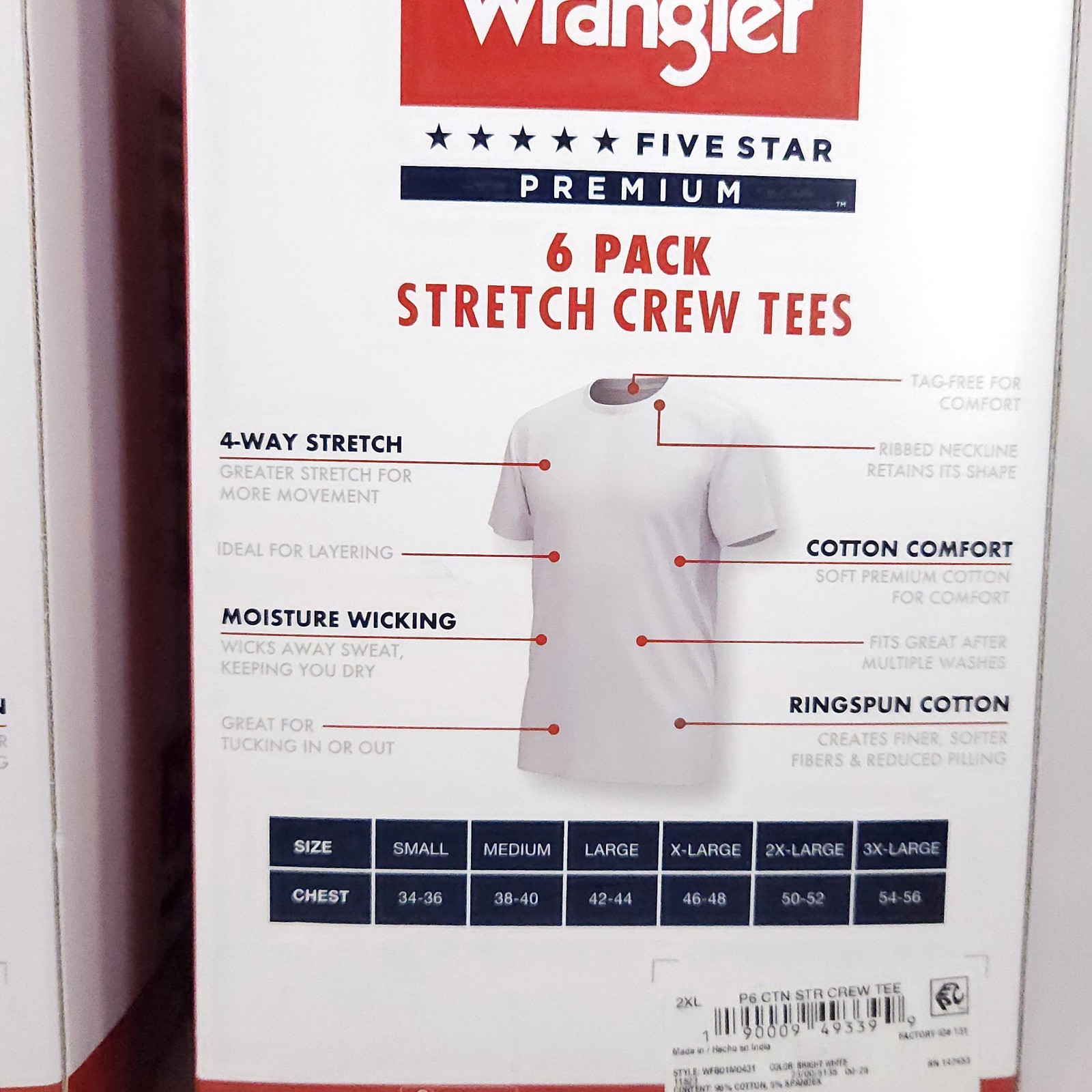 Wrangler Men Undershirts White Crew Neck Cotton Stretch Size 2XL Lot of 2 Packs