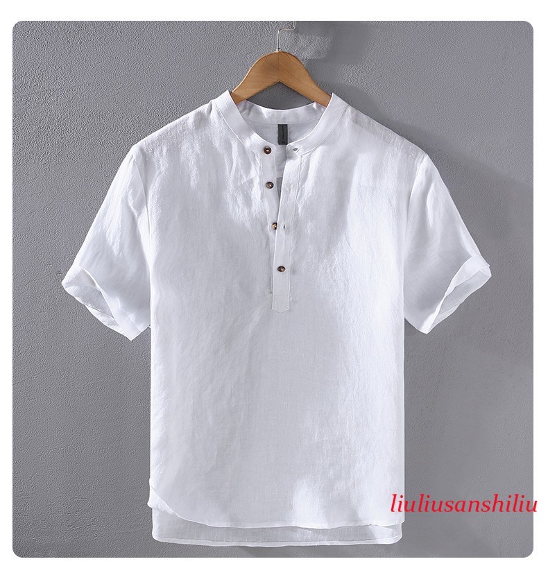 Retro Style Short Sleeve Pullover Mens Stand Collar 100% Linen Shirt Half Button