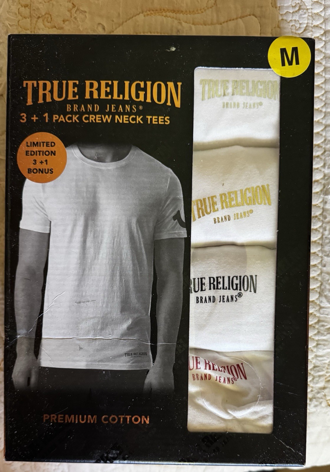 True Religion Men’s Sz M 3 + 1 Pack Crew Neck Tees Premium Cotton White Shirts