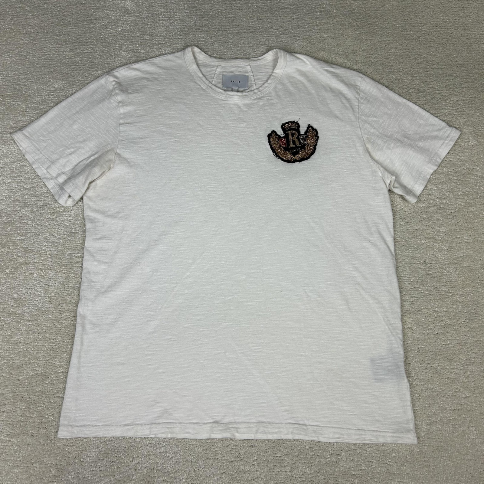 RHUDE Shirt Mens Large White Crest Patch Embroidered Slub Cotton Tee Streetwear