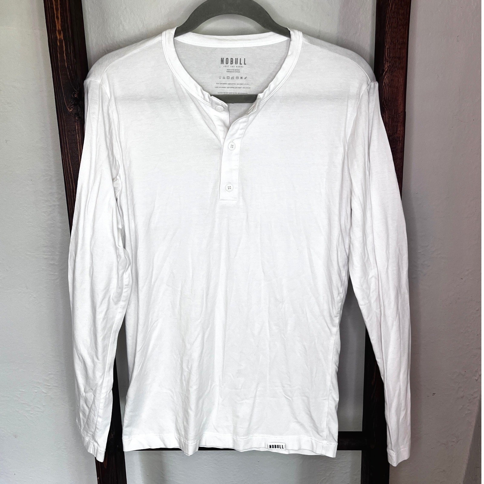 NOBULL Mens White Long Sleeve Henley Shirt Modal Cotton Stretch Training Top