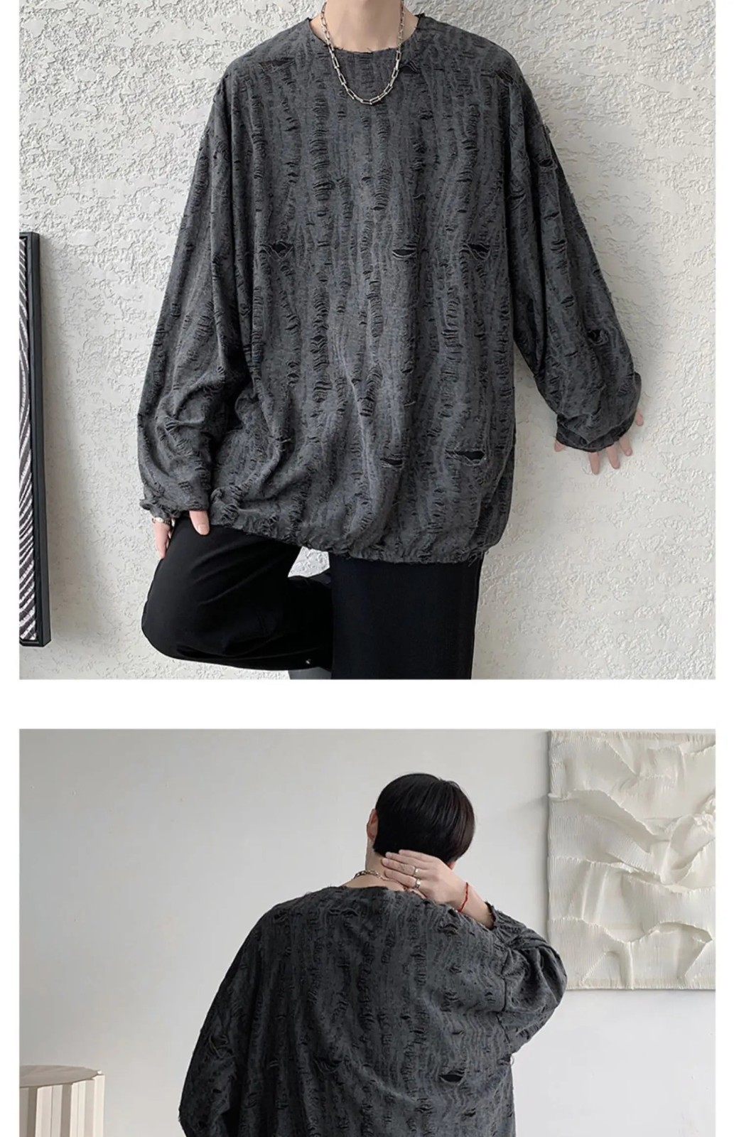 Men&rsquo;s Distressed Hole Long Sleeve T-Shirt Hip Hop Oversized Harajuku Streetwear