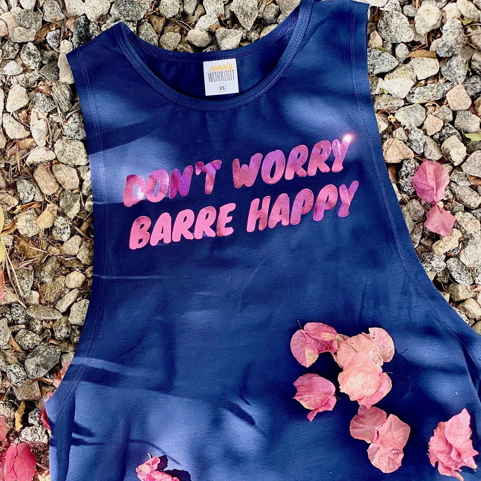 Don&rsquo;t Worry Barre Happy – Pink Foil – Navy Muscle Tank
