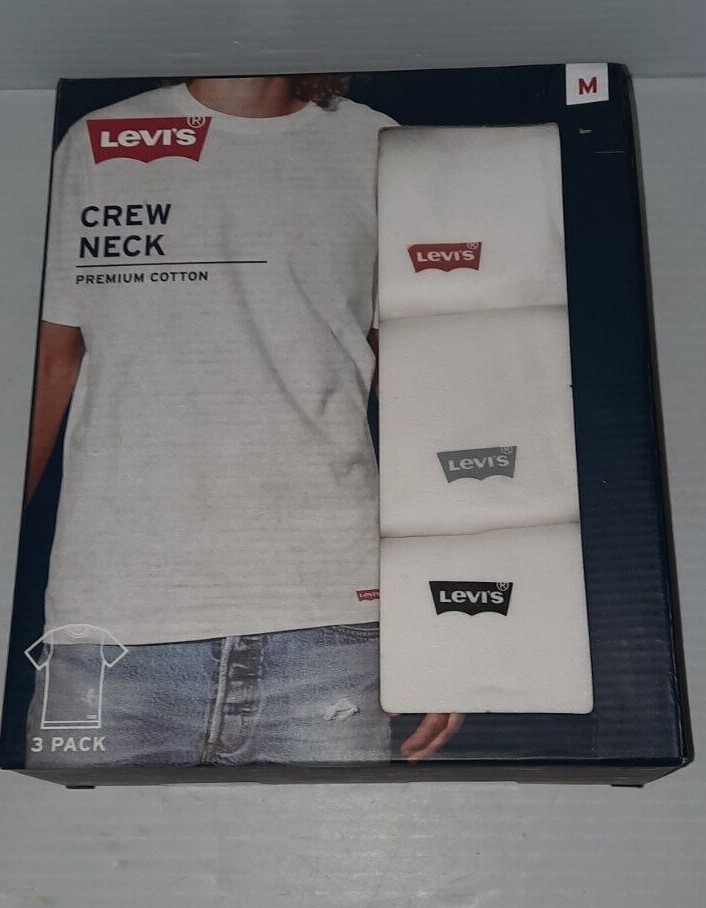 Levi&rsquo;s Men&rsquo;s Premium Cotton White Crew Neck T-Shirt 3 Pack Sizes M & L New