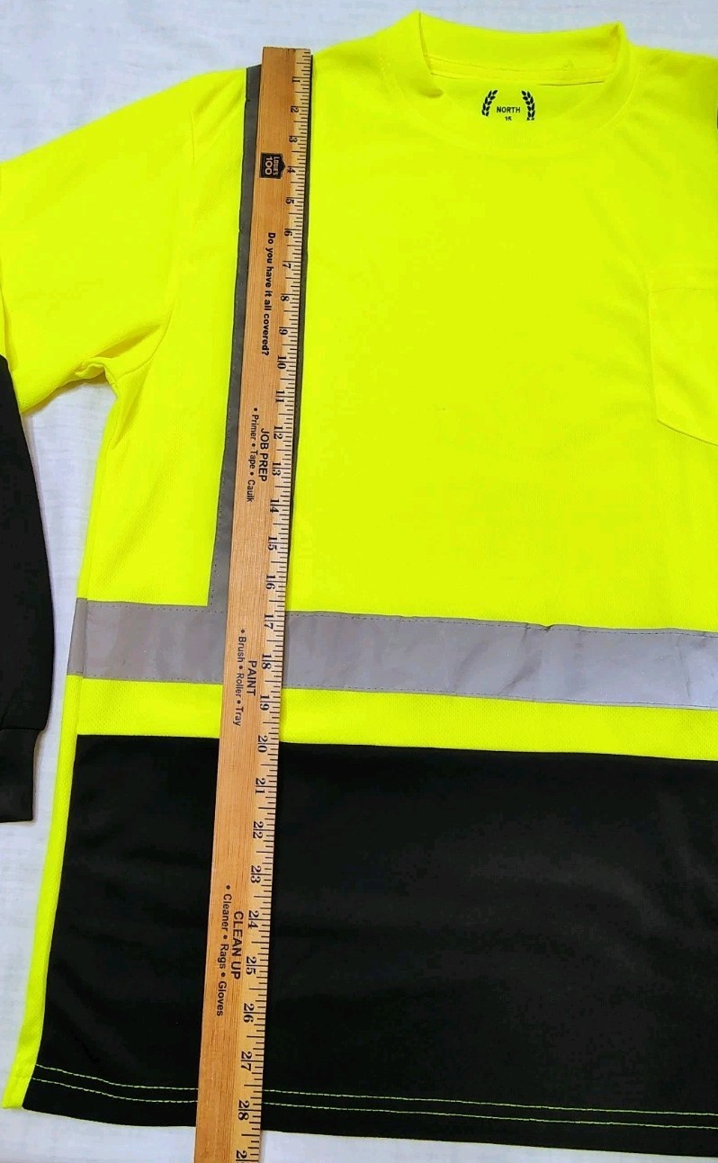 North 15 High Vis LS Safety Work T-Shirt Pocket ASNI Class 2 Yellow Black Sz L