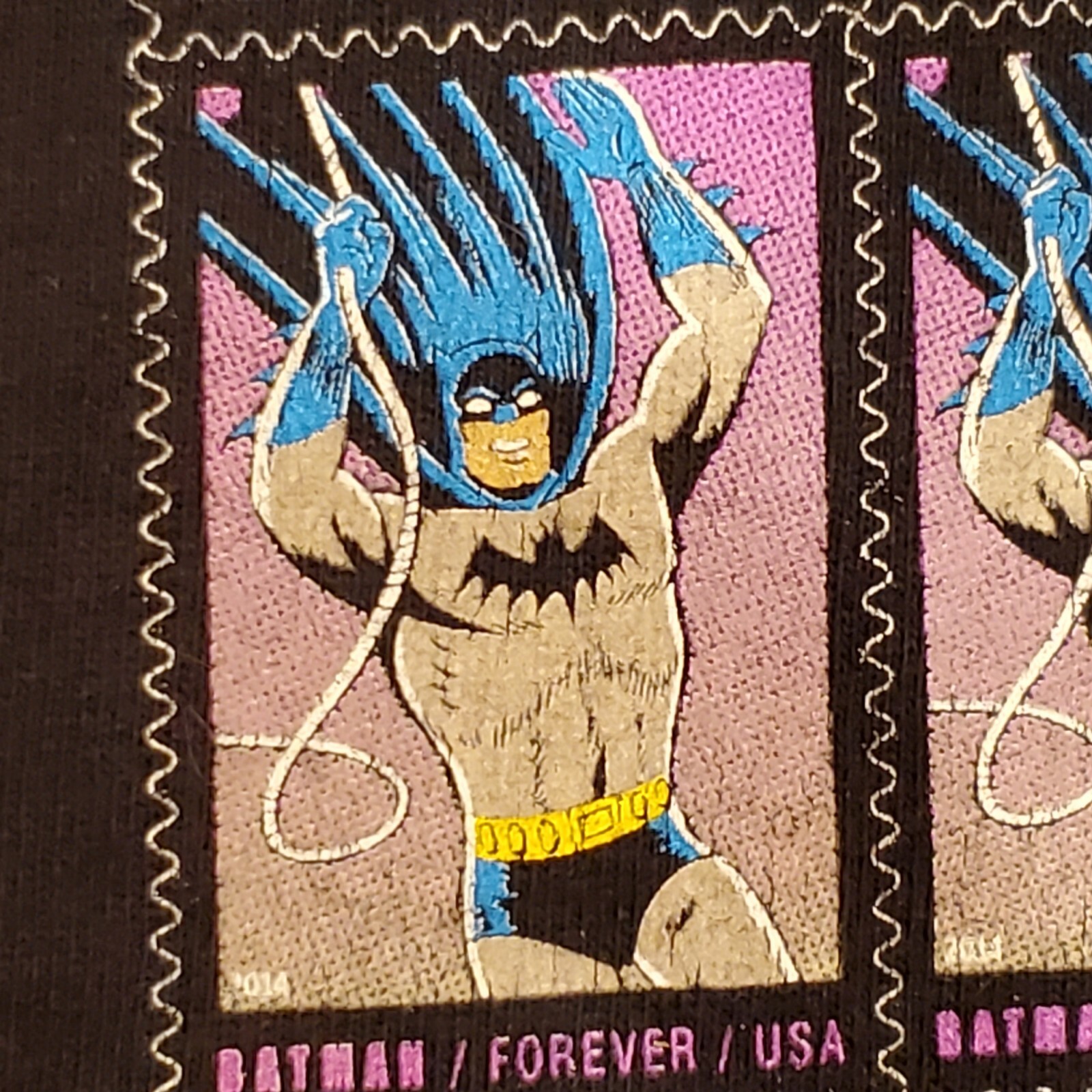Retro Batman Forever T-Shirt Men&rsquo;s Size Small USA Stamps Black Port and Co VGUC