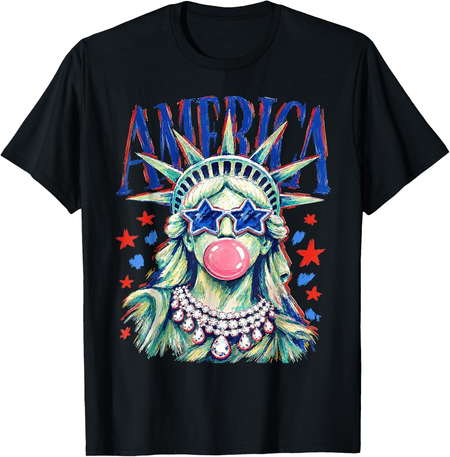 Statue of Liberty Blowing Bubble Preppy Brushstroke USA Unisex Gift T-Shirt