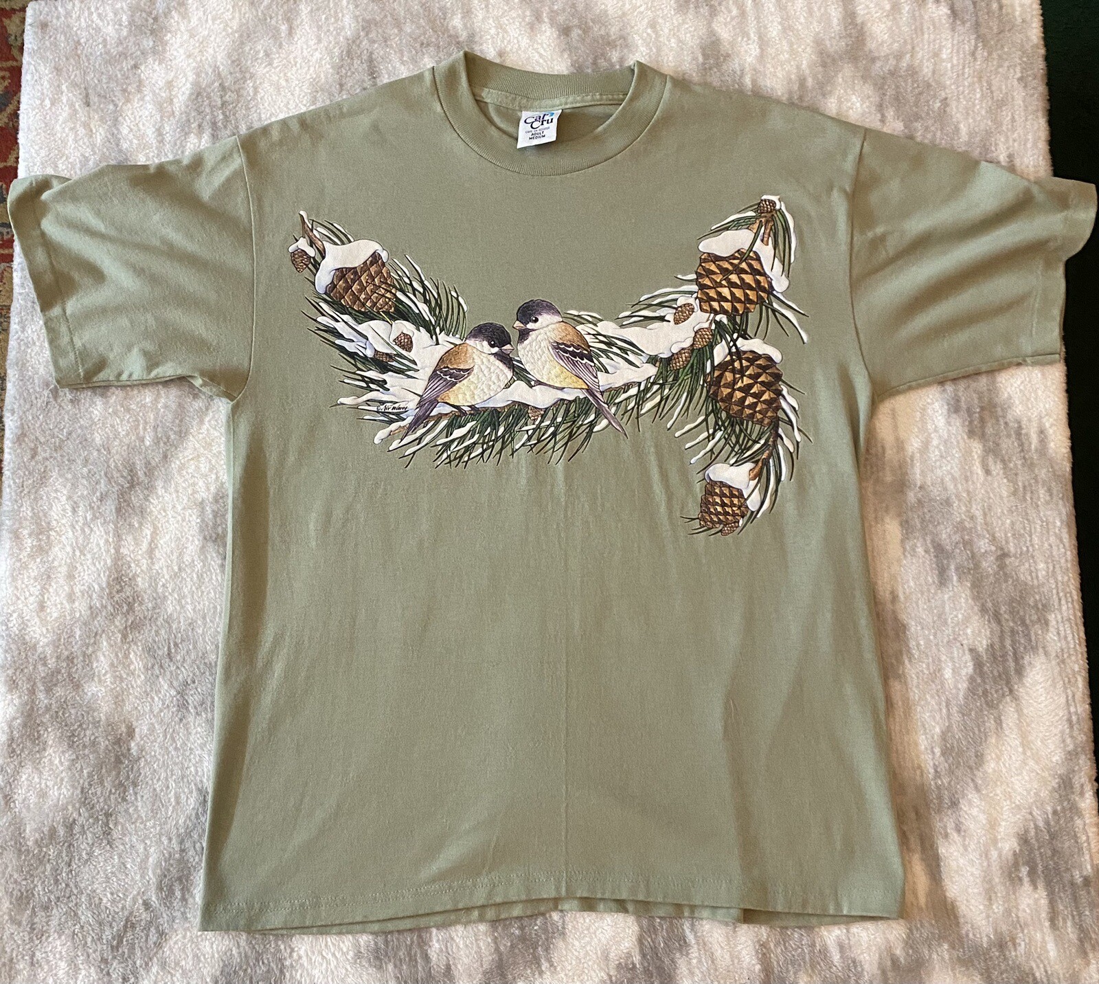 Vtg Cal Cru Tee Shirt Sage Green 90s Single Stitch Birds Winter Sz M USA Made