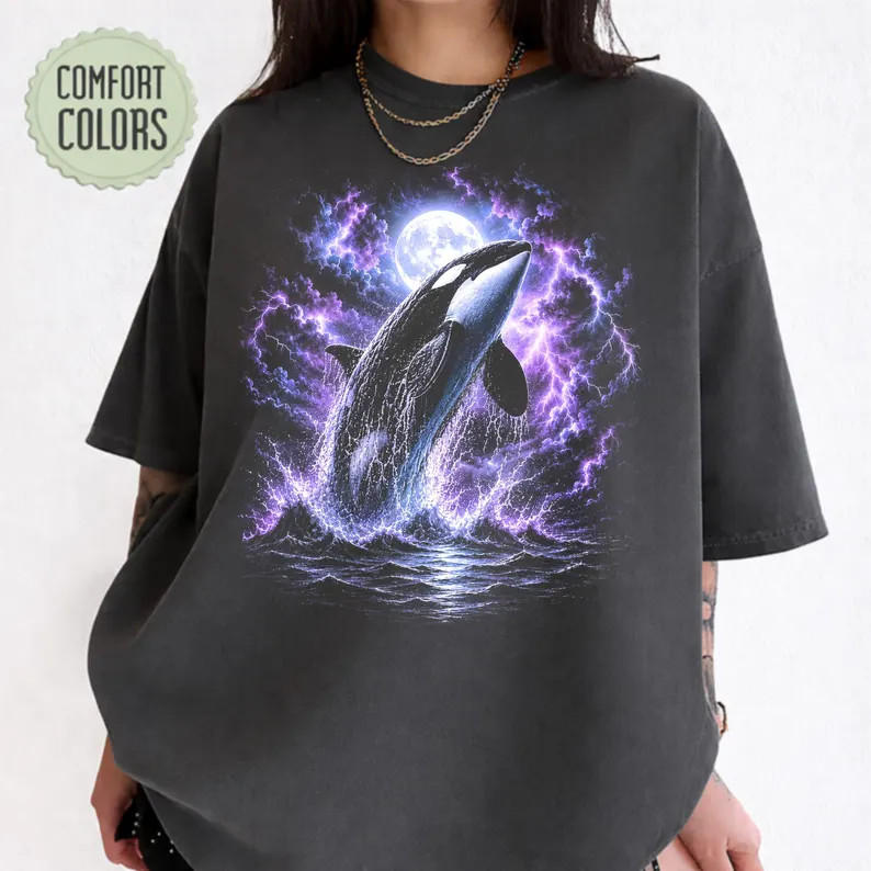 Vintage Orca Full Moon Killer Whale Comfort Tee Ocean Marine Life