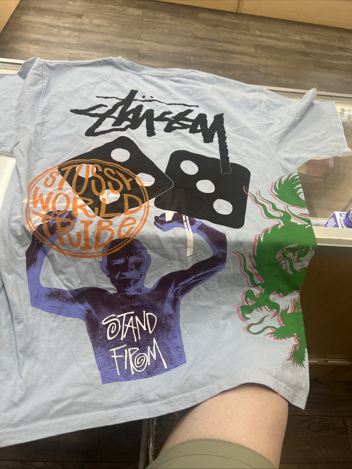 Stussy Light Blue Graphic Tee Medium OVERSIZED Stand Firm World Tribe