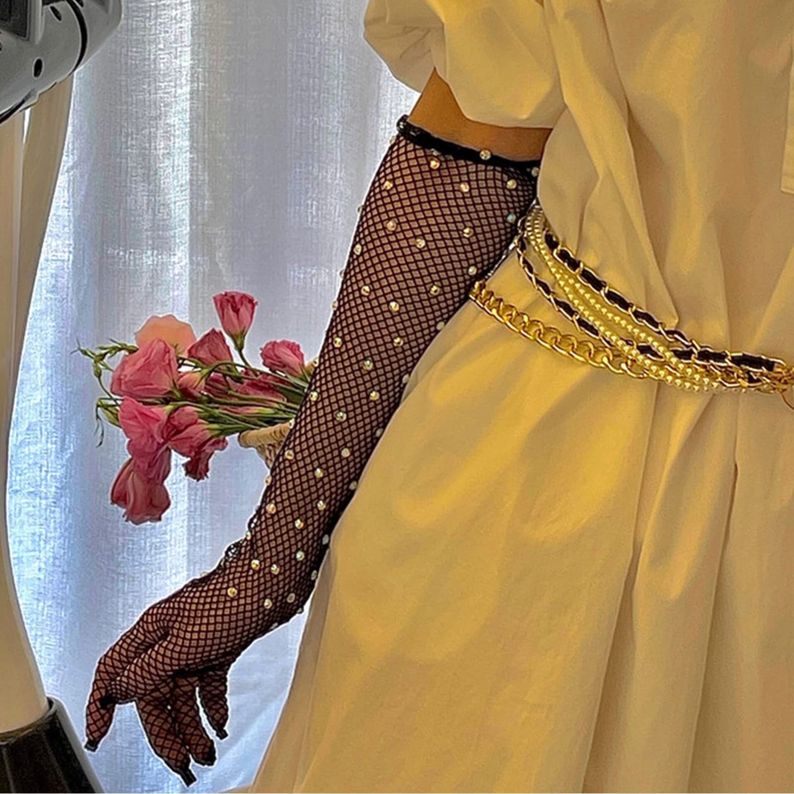 Womens Rhinestone Fishnet Long Gloves Mesh Gloves Goth Cosplay Costume Access…