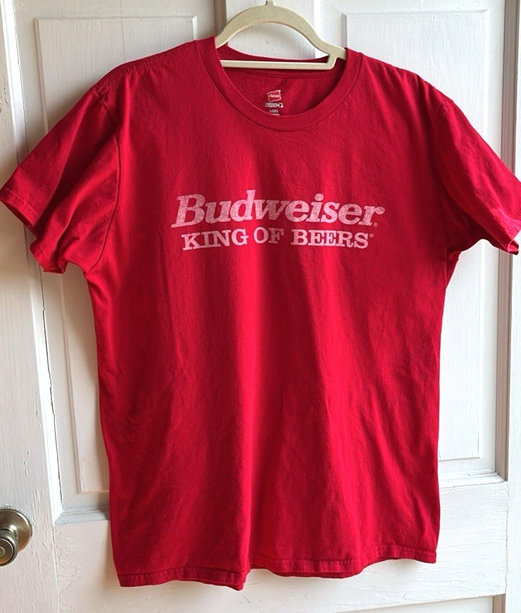 Budweiser King of Beers Red T-Shirt Men&rsquo;s LARGE 100% Cotton Excellent Condition