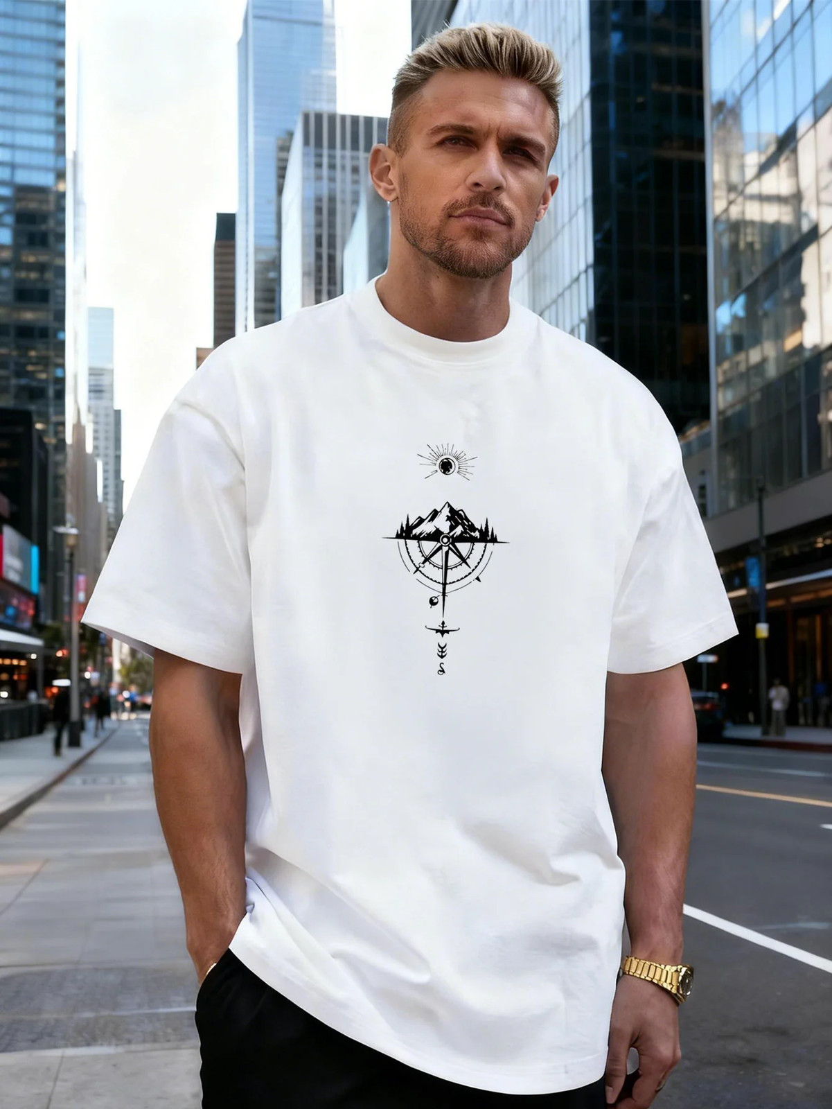 Mountain Compass Graphic Cotton Men&rsquo;s T-Shirt, Suitable for Daily Casual Wear