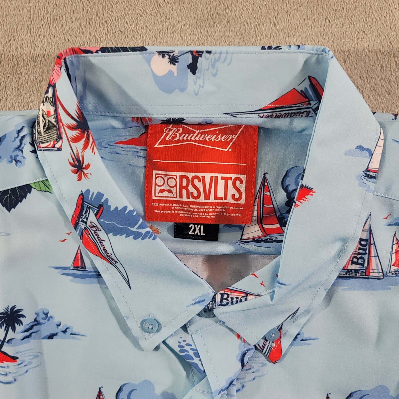 RSVLTS Shirt Mens Size 2XL Regatta Have A Bud Short Sleeve Button Down Blue