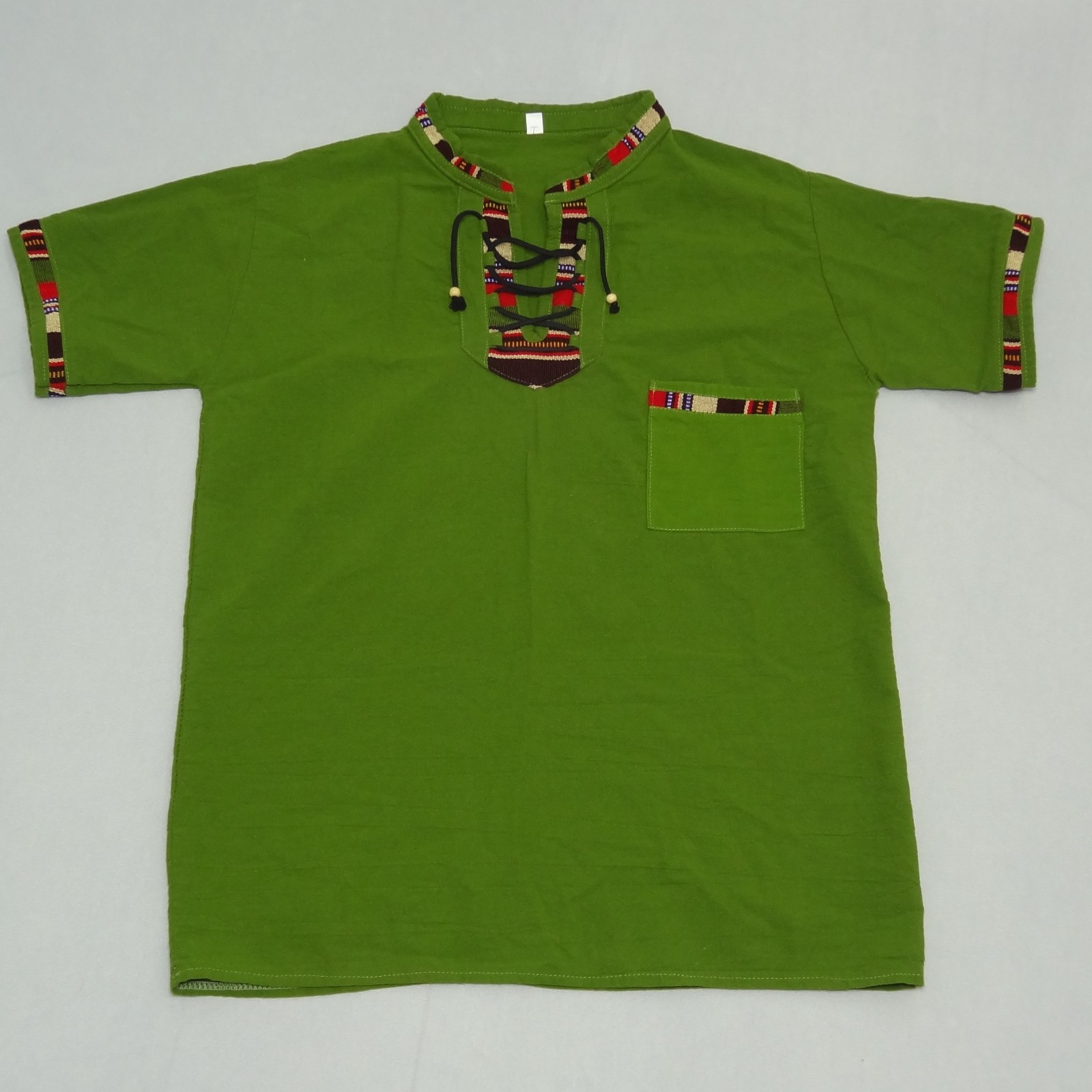 Artisanal Guatemalan Colorful Trim Shirt Green Cotton Mayan Men&rsquo;s M / Women&rsquo;s L