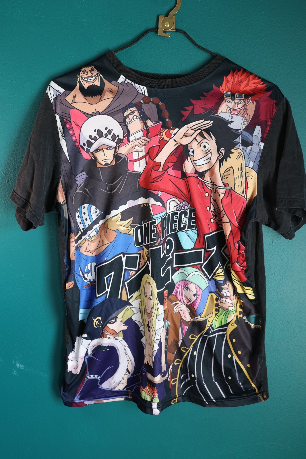 One Piece Anime Men’s Shirt Short Sleeve Black Satin Front XL